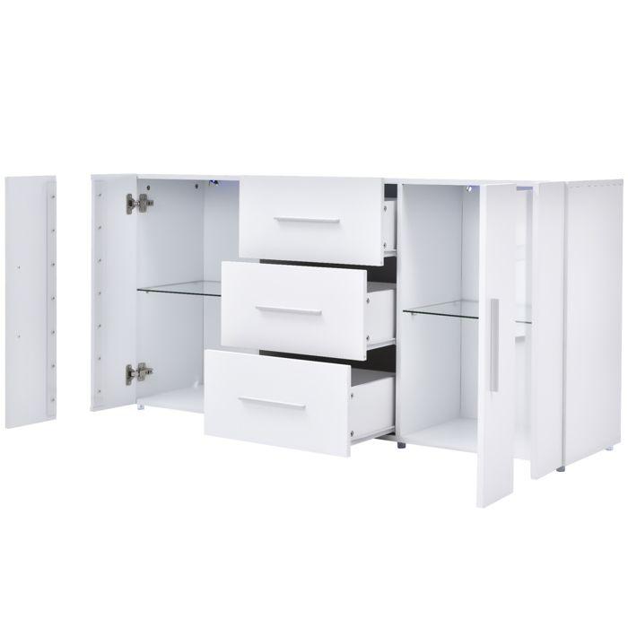 Meuble TV moderne, blanc, avec éclairage LED, 2 portes et 3 tiroirs, meuble de salon, 140 x 35 x 70 cm
