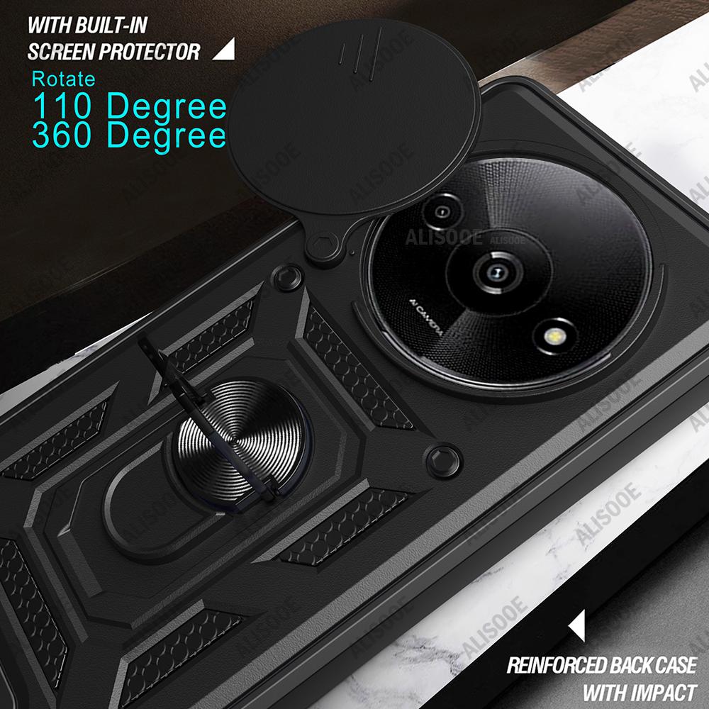 Funda для Redmi A3 Чехол Slide Camera Lens Protection Armor Ring Stand Защитный чехол для Xiaomi Redmi A3 Противоударный чехол