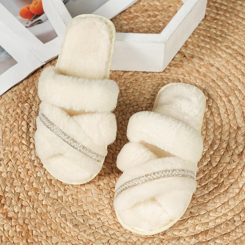 Fashion Pearls Cross Band Fluffy Slippers Women Indoor Open Toe Anti Slip Plush Slippers Woman Comfort Warm Soft Sole Home Slides Female