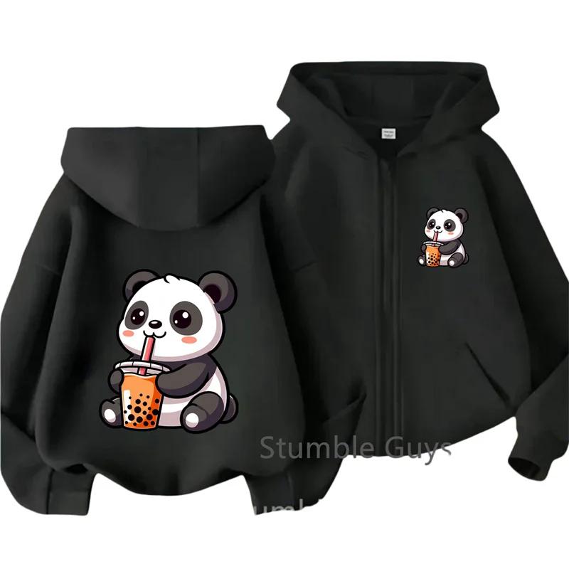 Boba Milk Tea Panda Front Back Cartoon Print Zip Up Hoodie For Kids Long Sleeve Lovely Animal Casual Daily Outerwear