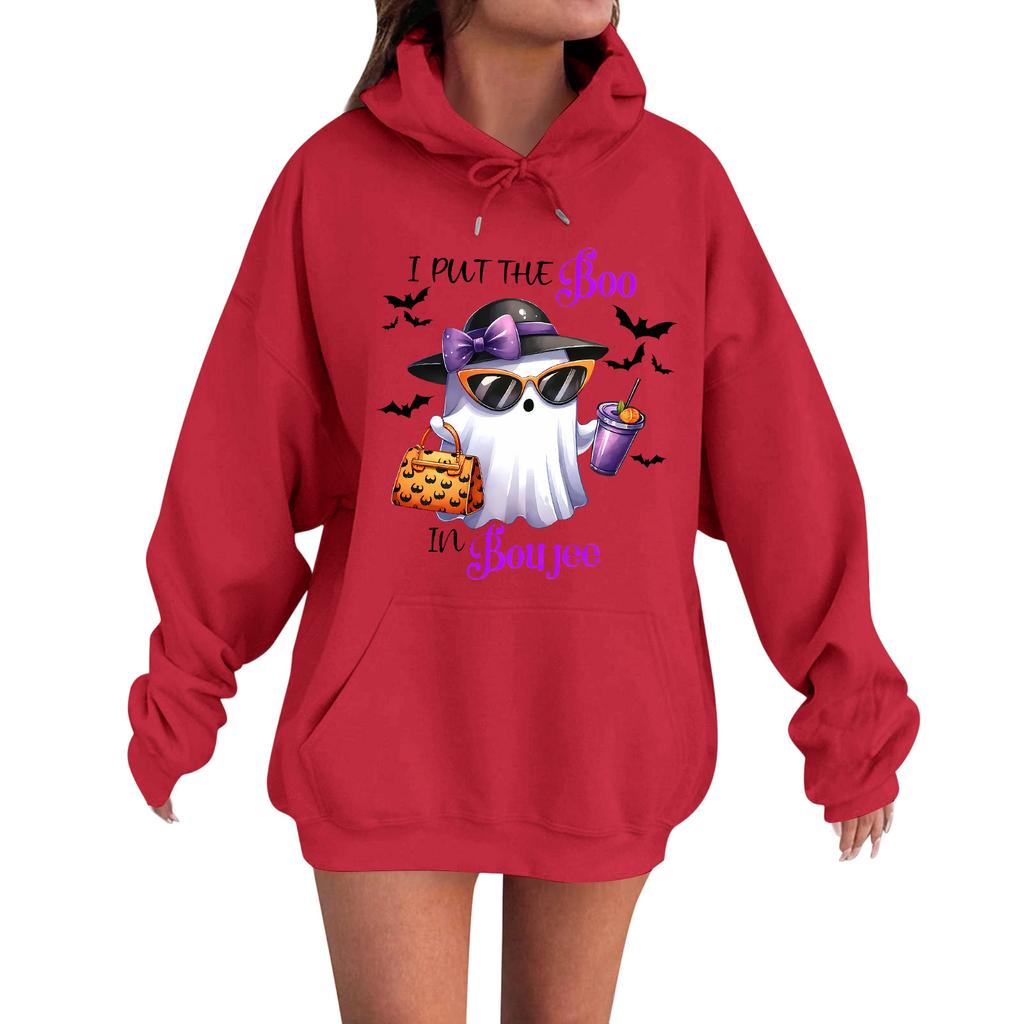 Женская повседневная модная удобная толстовка с круглым вырезом, капюшоном и длинными рукавами с принтом на Хэллоуин, теплая