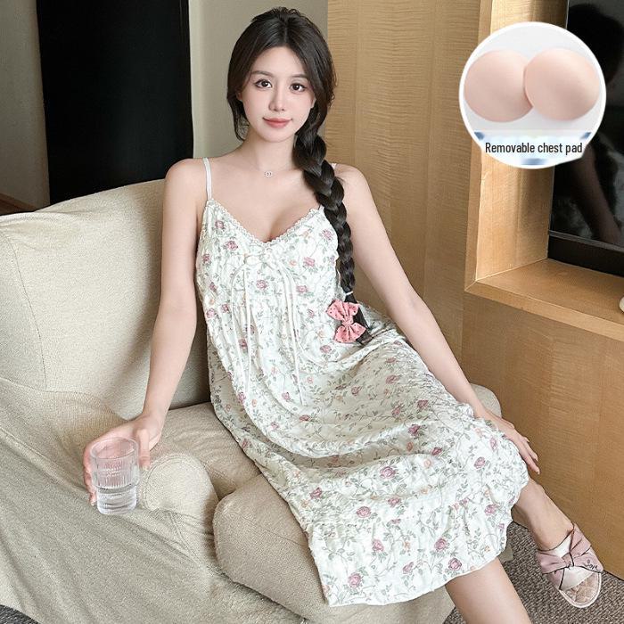 Летняя корейская ночная рубашка из тканого крепа с нагрудными подушечками - милая, тонкая, из чистого хлопка для женщин