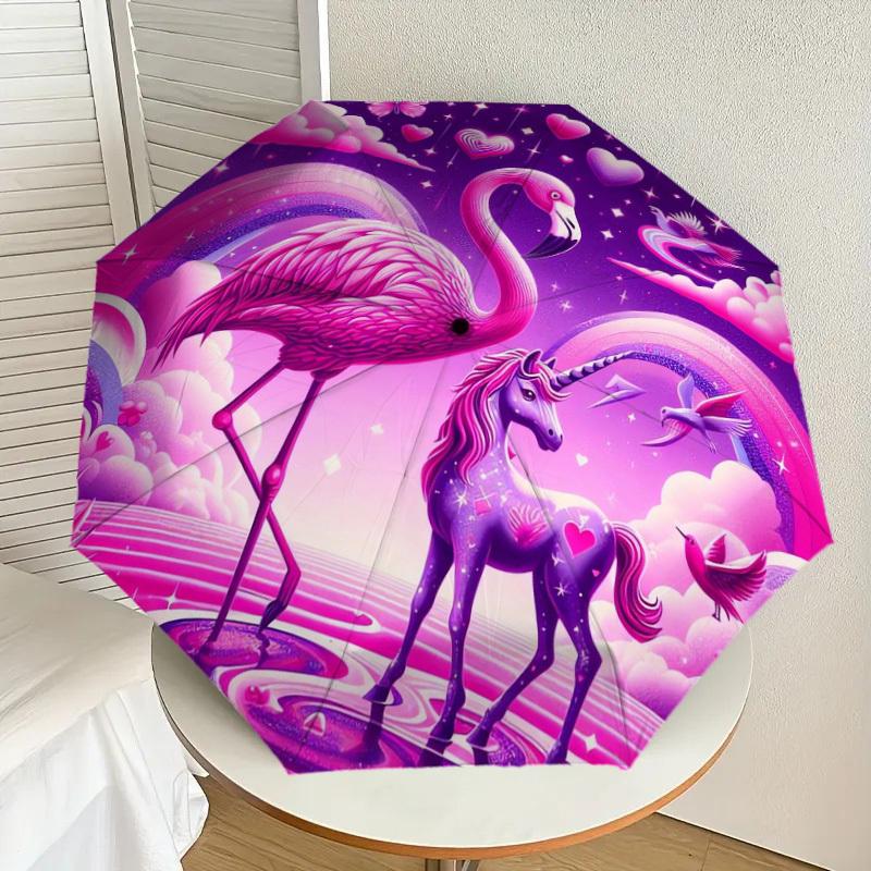 1pc Fantasy Pink Flamingo Unicorn Sky Umbrella with Plastic Handle,Suitable for All Seasons Home Travel Outdoor UmbrellaDD402
