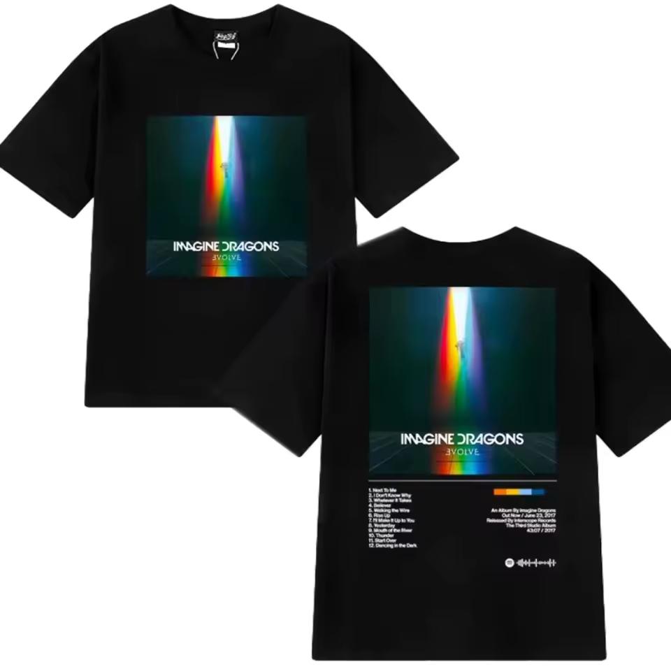 Unisex Vintage Hip Hop Streetwear Men's Short Sleeve T shirt, Double Sided Print Featuring Imagine Dragons Evolve Album