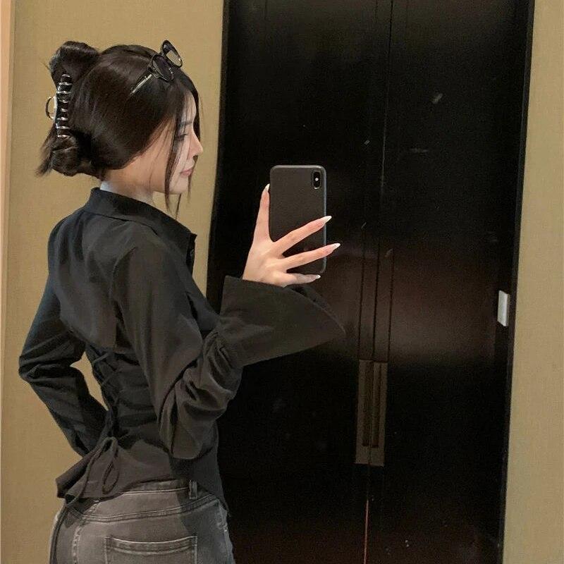 Gidyq модные женские бандажные рубашки корейская универсальная уличная одежда женская тонкая блузка весенняя повседневная белая рубашка с рукавами-колокольчиками новая