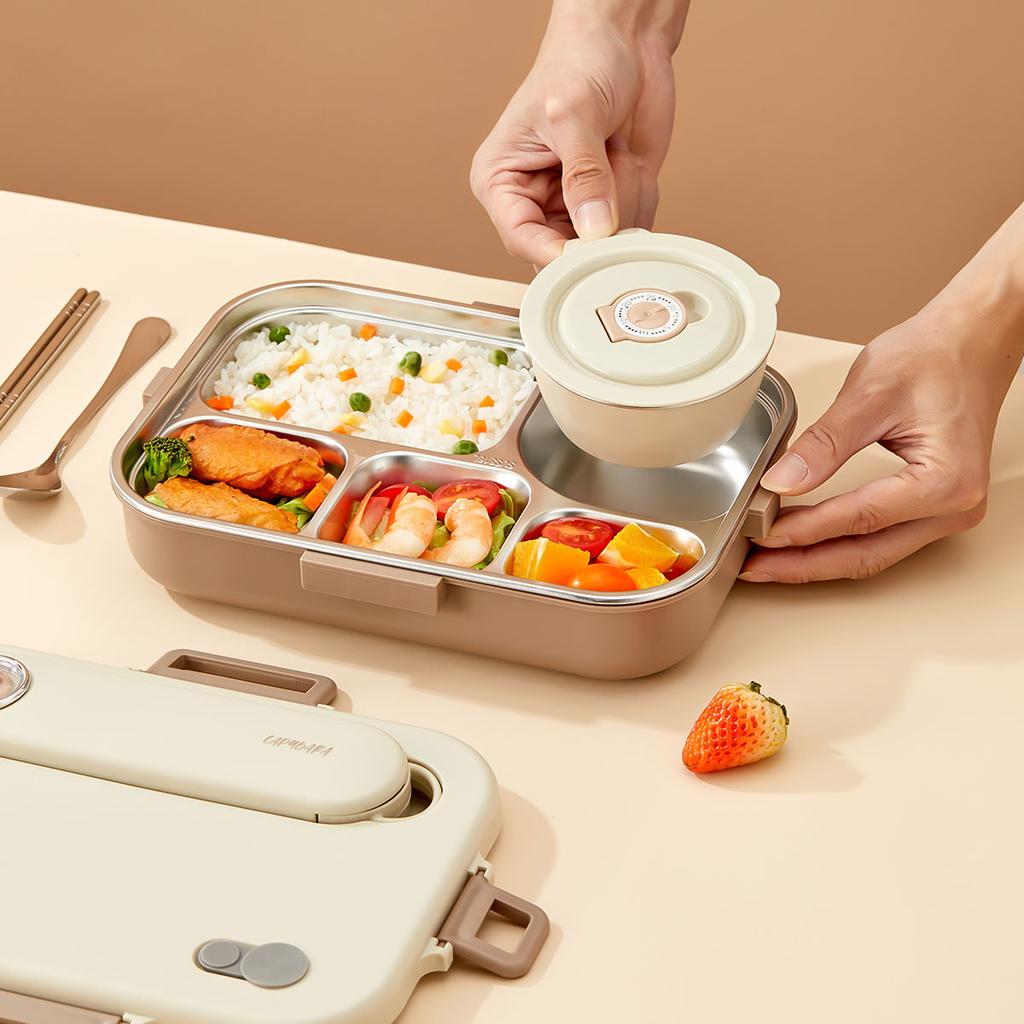 Capybara 304 Stainless Steel Divided Lunch Box With Bowl & Cutlery Microwave Students Portable Large Capacity Bento Box