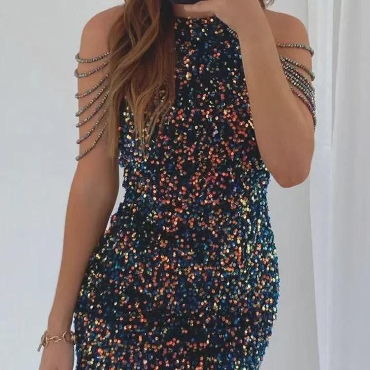 2024 Весна/Лето Вечернее Платье с Вырезом-Халтер, Кристаллами, Кисточками, Блестками