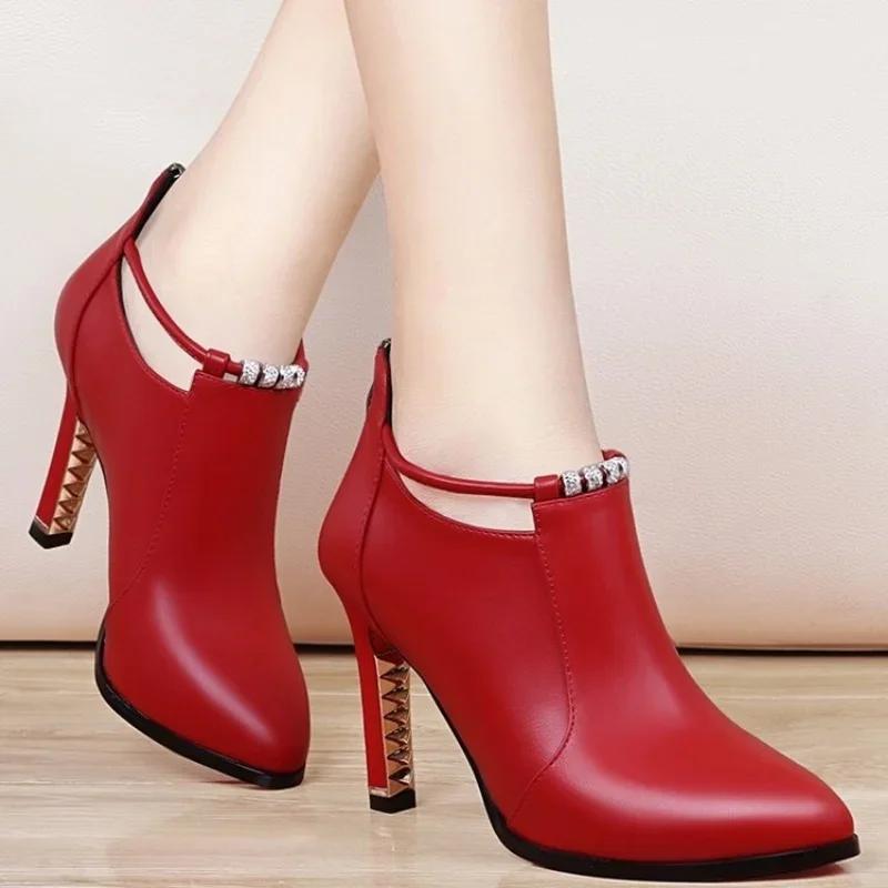2025 New Women Red Women's Boots Stilettos Heels Ankle Boot Leather Casual Elegant Short Shoes Spring Summer Pumps Size 34