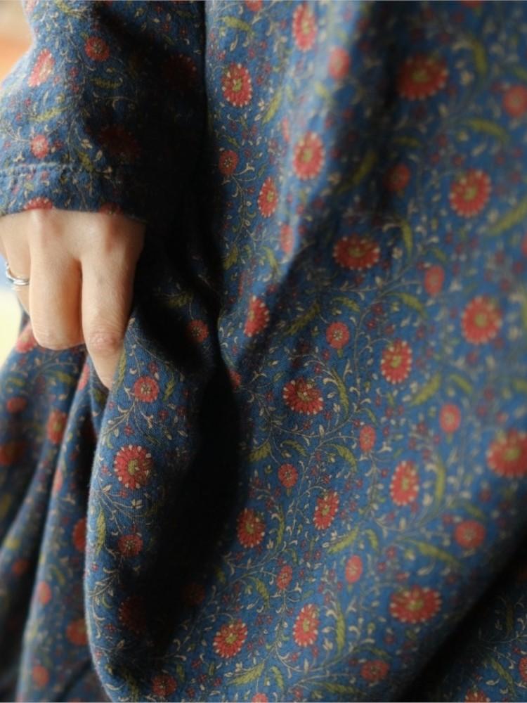 Johnature Женское винтажное синее платье с цветочным принтом, хлопковое мягкое платье с длинными рукавами, весеннее женское платье на пуговицах в китайском стиле