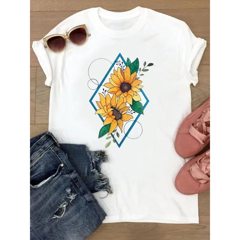 Tshirts Womens Flower Trend Cute Short Sleeve Summer Female Graphic Tee Clothes Watercolor Print TClothing Ladies So Fashion