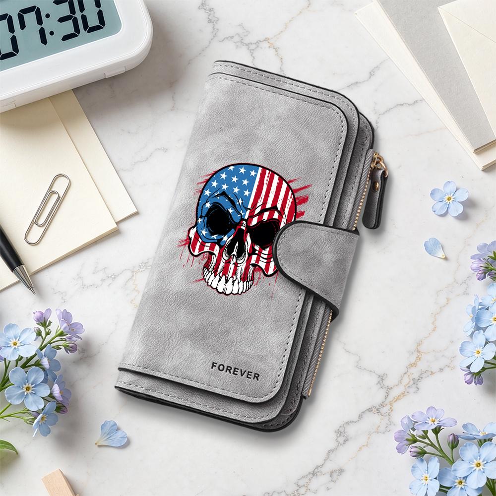 USA Flag Skull Print Long Wallet Forever Fashion Portable Card Holder Daily Use Purse
