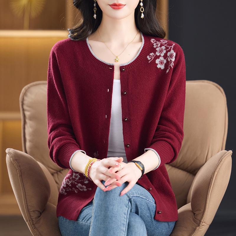 Women's Pure Wool Embroidered Cardigan - Round Neck, Button-Up Knitwear for Autumn/Winter
