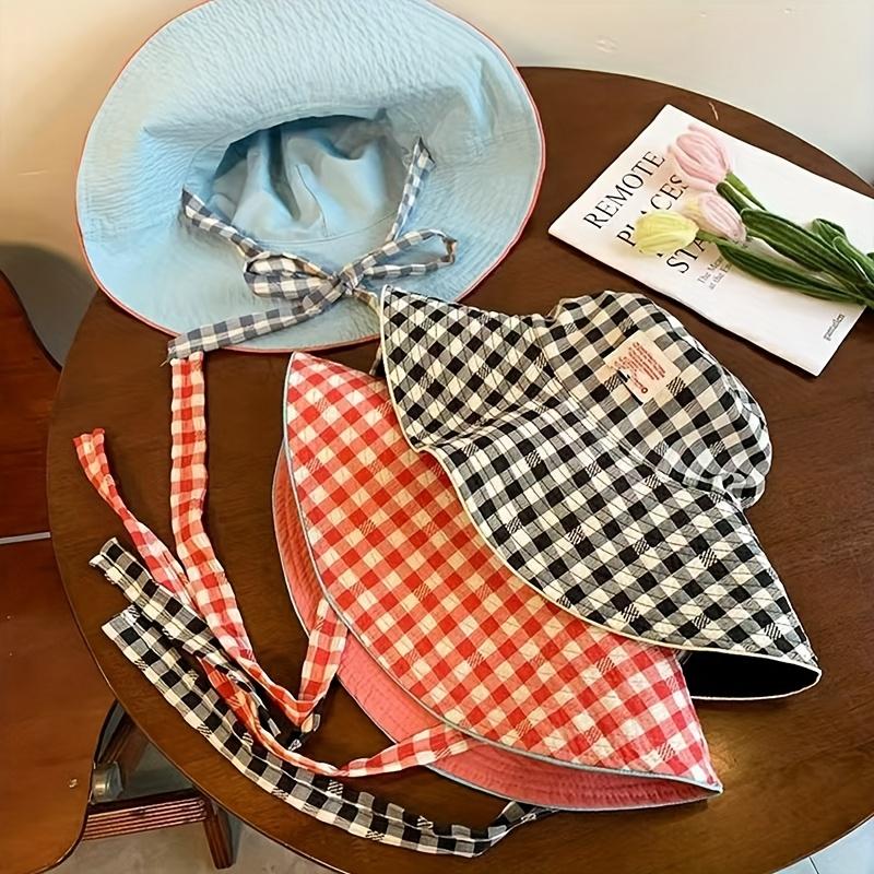New Style Checked Wide-Brim Summer Sun Hat - Lightweight Foldable Double-Sided Lace-Up Boater Bucket Hat with Adjustable Closure
