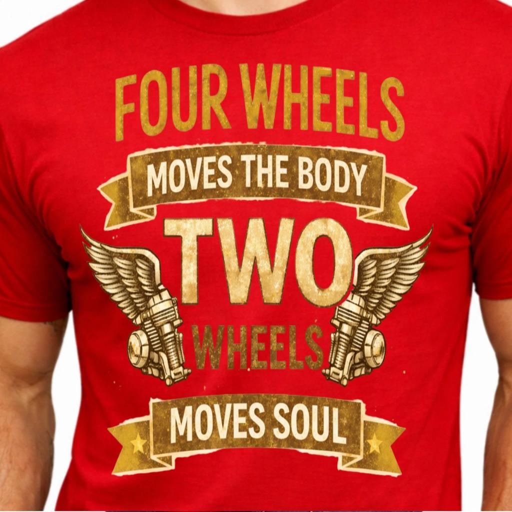 Four Wheels Move Body Two Wheels Move Soul Golden Wings Engine Biker Quote Tee.