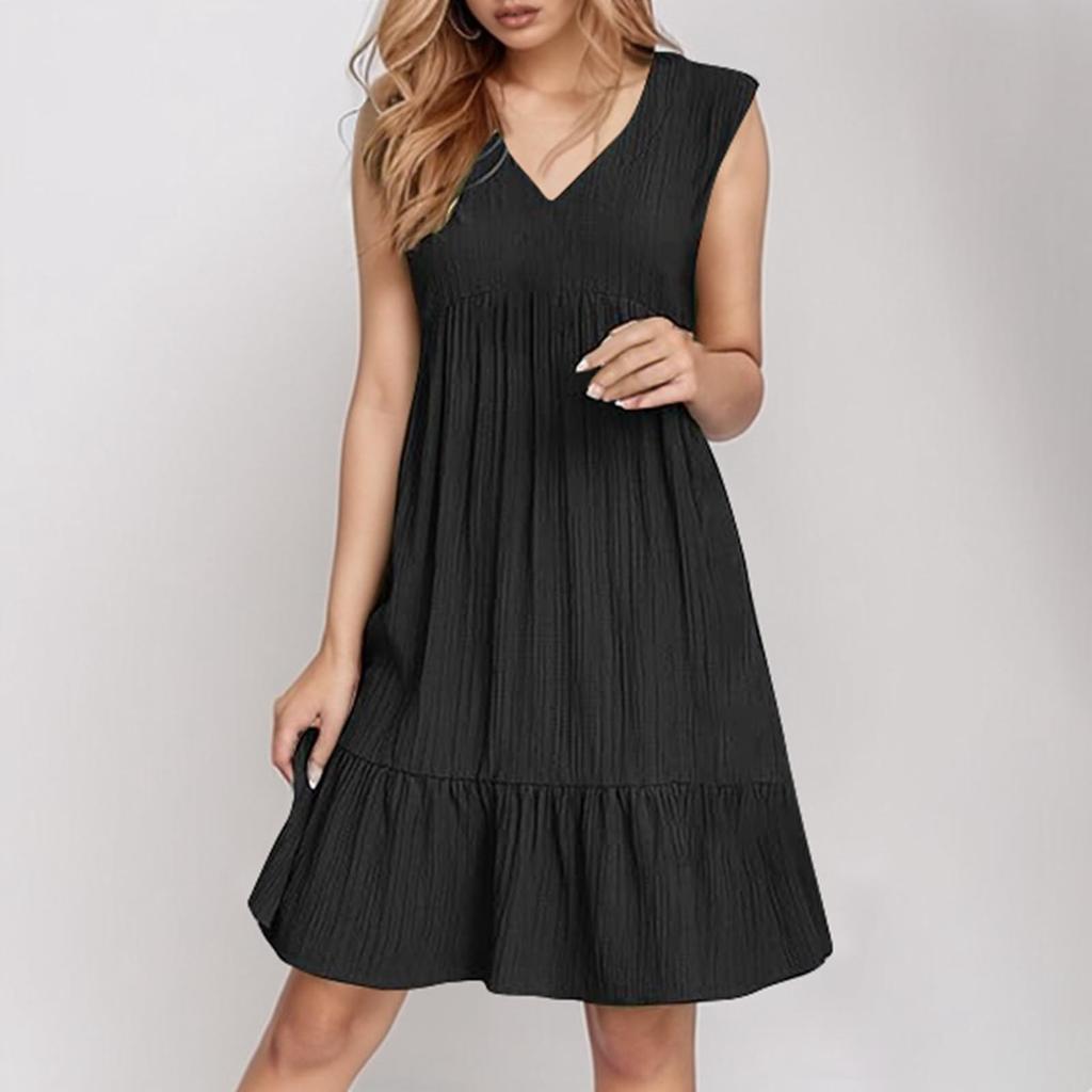 Ladies' Casual And Fashionable Solid Color Dress, Loose Sleeveless Waist Cinched Dress