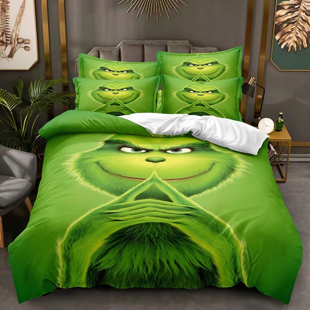 Cartoon G-Grinch 3D Cartoon Duvet Cover Soft Skin-Friendly Breathable Bedding Set with Zipper for Kids Boys Girls Bedroom Decor