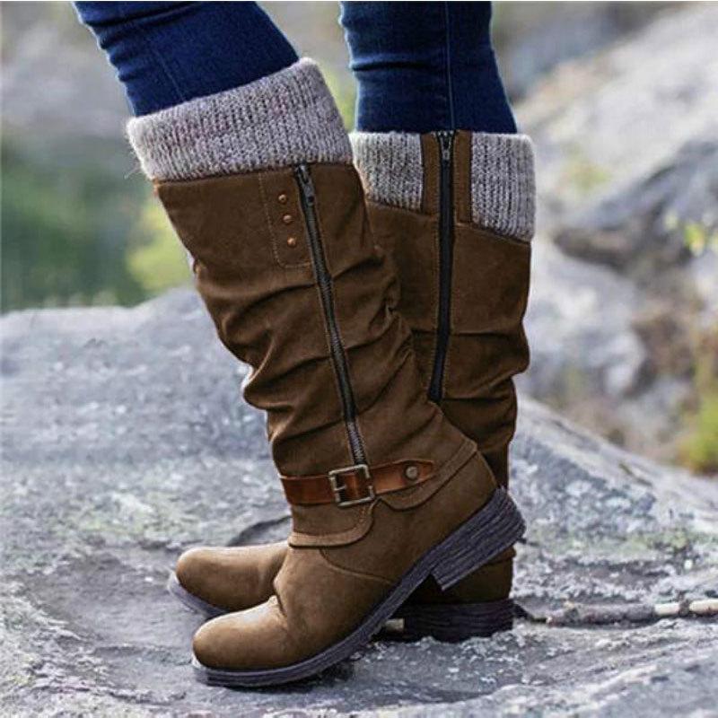 Women's Fall and Winter Mid-length Non-slip Wear-resistant Chunky Boots Splicing Temperament Side Zipper Boots