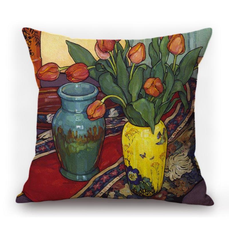 Modern Bright Color Still Life Flower Vase Oil Painting Cotton Linen Sofa Throw Pillow Case Home Decoration Cushion Cover