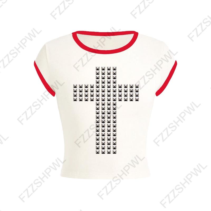 VAYLA Готическая Панк Рок Хип Хоп Женская Футболка с Коротким Рукавом Сексуальная Приталенная Шикарная Повседневная Базовая Металлический Декор Кроп-топы Y2K Эмо Одежда для Девушек