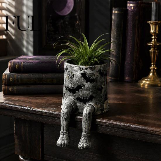Spooky Home Accents Halloween Sitting Leg-Dangled Planter, Funny Long Leg Succulent Plant Pot Whimsical Window Display Ornaments with Pumpkin