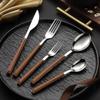 5PCS Stainless Steel Imitation Wooden Handle Cutlery Set Knife Fork Spoon Western Tableware Kitchen Flatware Set Dinnerware