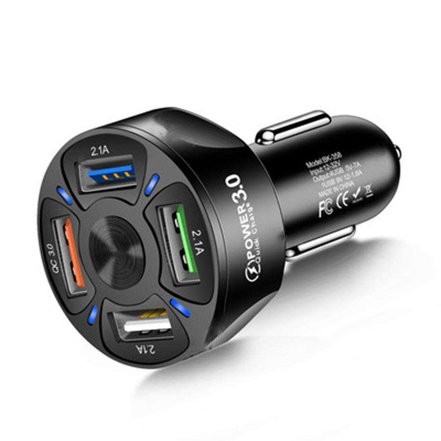 4 Ports USB Car Charger Adapter LED Display QC 3.0 Fast Charging for IOS Android Black