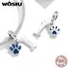 WOSTU Подвеска из стерлингового серебра 925 пробы в виде собачьей лапы и кости, подходит для самостоятельного изготовления браслета или браслета, синие циркониевые подвески в виде лапы, ювелирные изделия