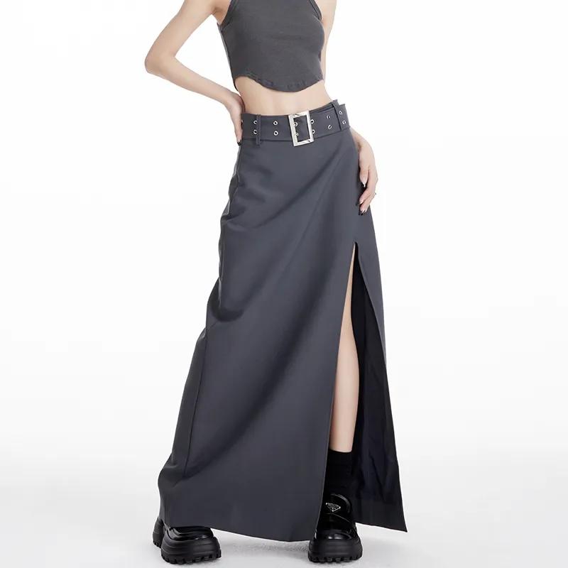 Long Black Skirt Women Streetwear High Waist A-line Belt Slim Irregular Split Sexy Goth Maxi Skirt Autumn Fashion