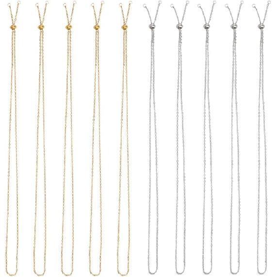 SUNNYCLUE 1 Коробка 10 Штук 24 Дюйма/0.6м 2мм Цепочки-Слайдеры для Ожерелья Регулируемая Цепочка для Ожерелья Оптом Нержавеющая Сталь Слайдер Регулируемые Бусины-Шарики Фурнитура