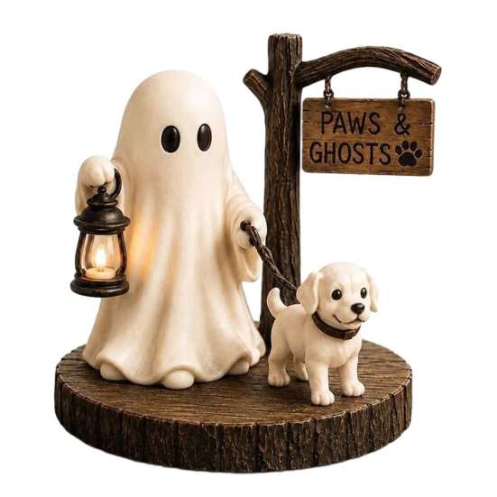 Funny Ghost Statues Halloween Figurine, Vintage Cozy Reading Book/Walking Dog Statue with Lantern, Cute Figurines Light Up Spooky Resin Tabletop