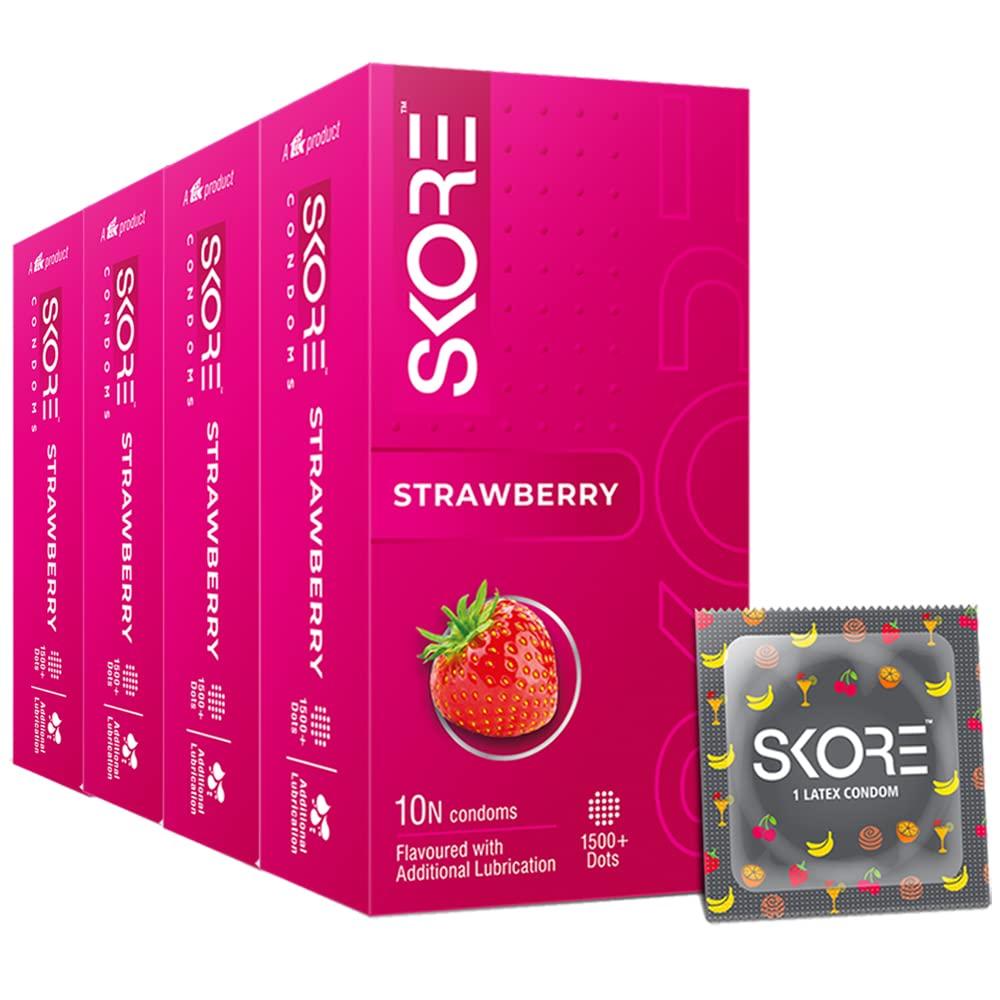 Презервативы Skore со вкусом клубники 10 x Упаковка из 4 коробок по 10 штук в каждой Смазанные Точечные Латексные Презервативы Безопасное Прилегание X