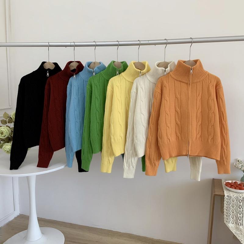 Вязаный кардиган свитер с высоким воротником на молнии женский зимний чувство дизайна свободный ленивый стиль повседневный топ тренд