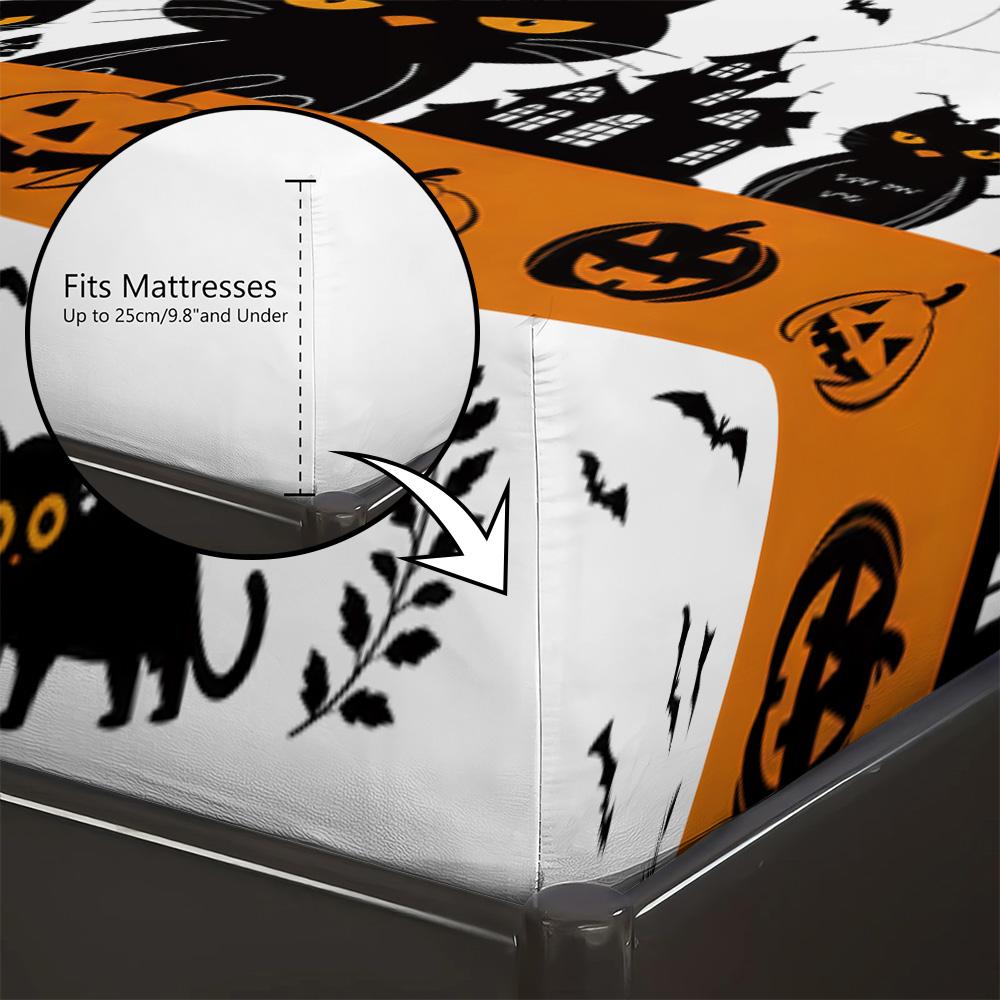Halloween Spider Web Black Cat Pumpkin Fitted Sheet 3PCS Set Spooky Bedding Set 1 Fitted Sheet + 2 Pillowcases