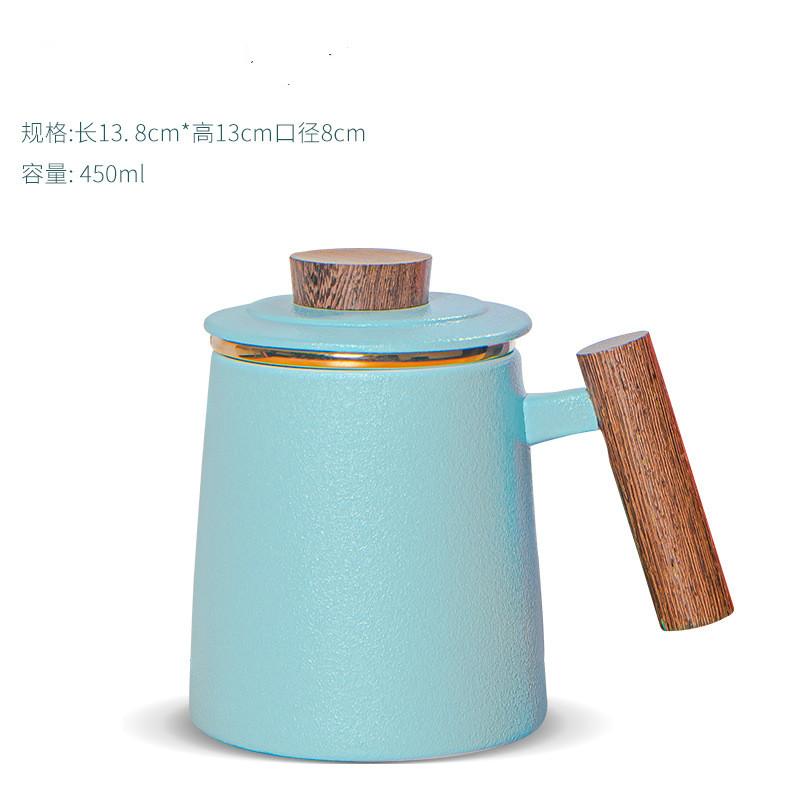 Ceramic Cup with Lid Filtered Tea Water Separating Tea Cup Office Large-capacity Creative Design Mug with Wooden Handle and Gold