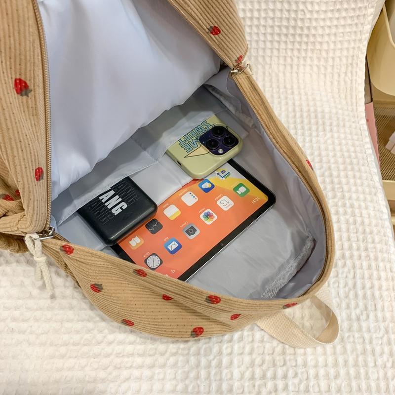 Вельветовый рюкзак с принтом клубники, школьная сумка в студенческом стиле, рюкзак большой вместимости