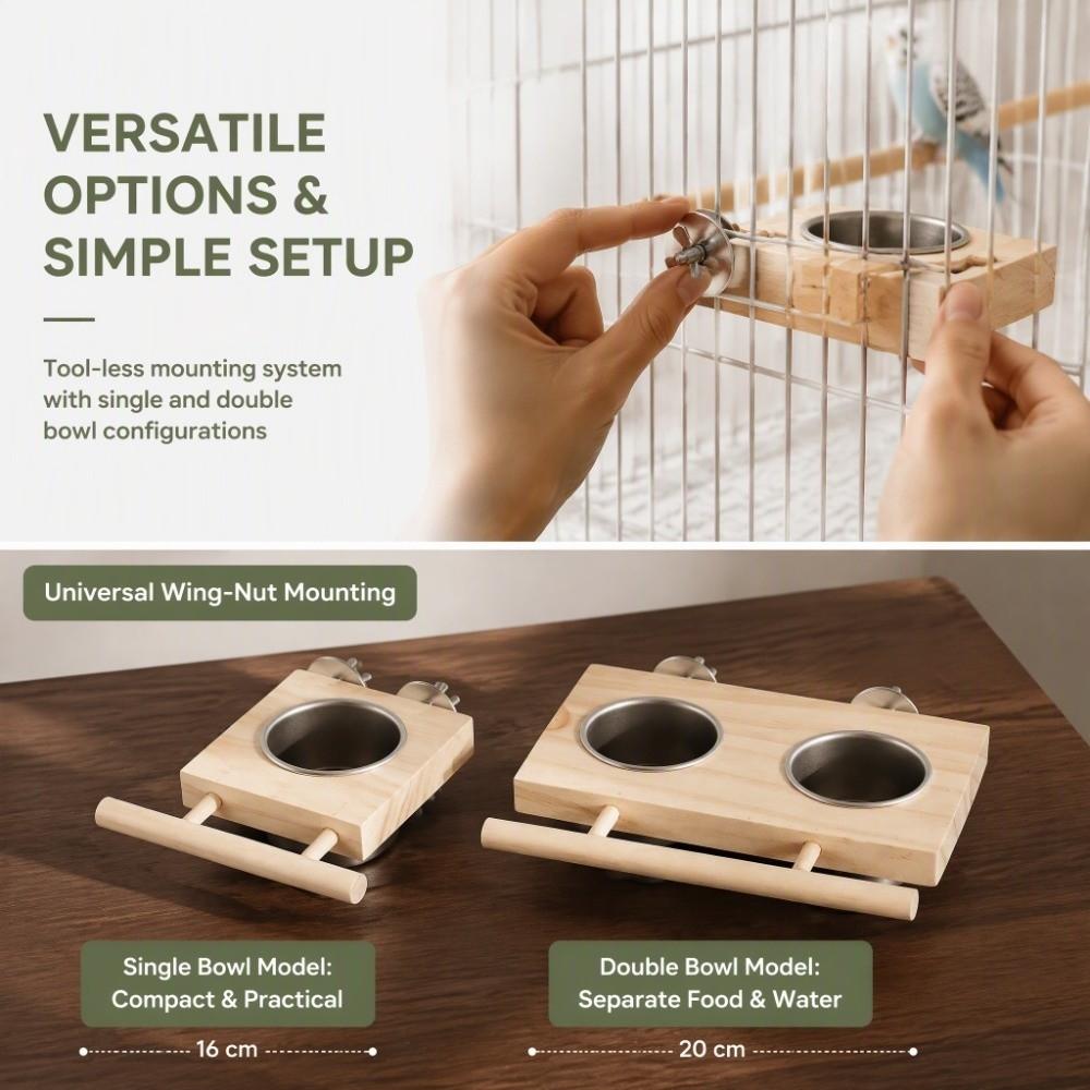 Double Bowl Bird Feeder Accessory Wooden Perch Stainless Steel Food Cup For Parakeets