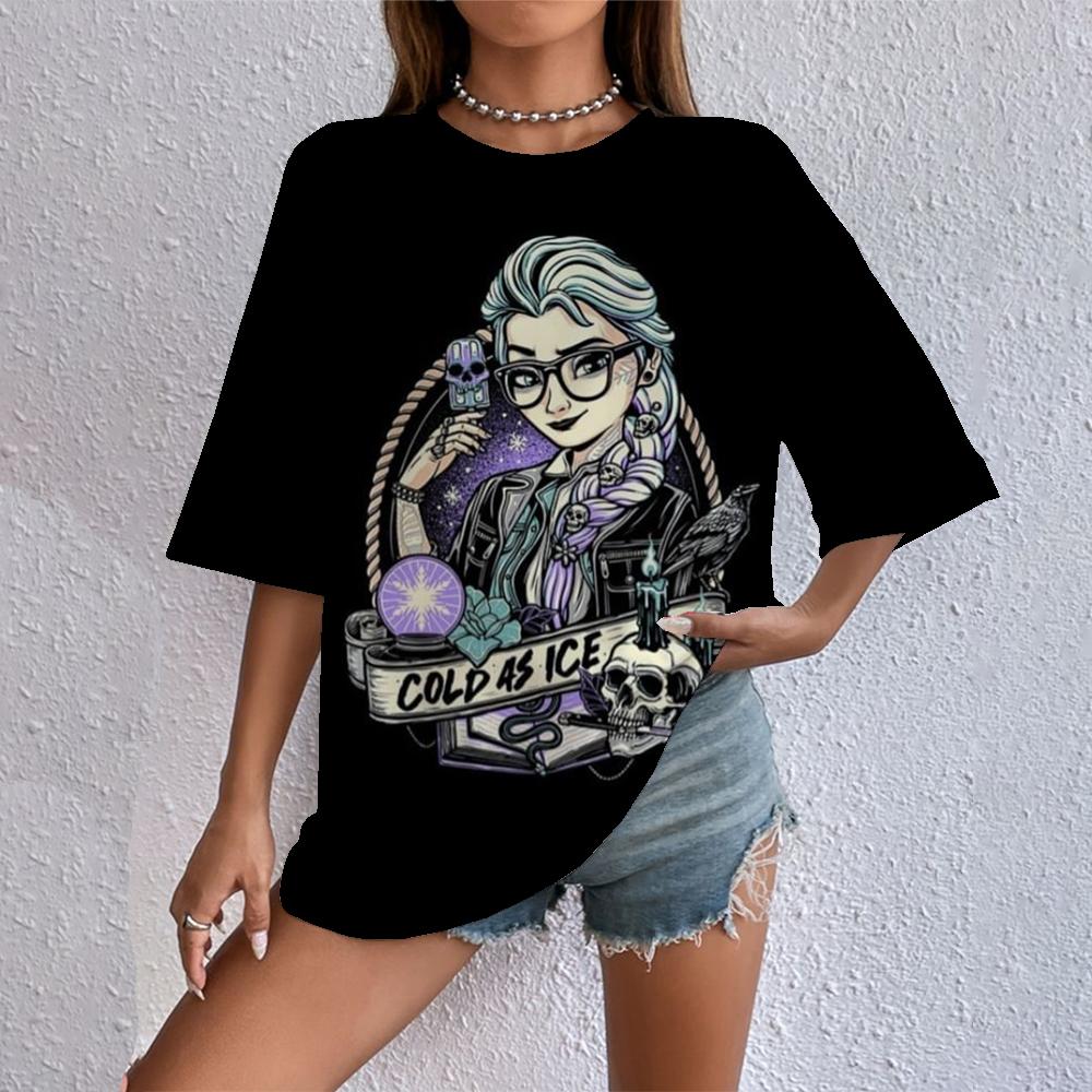 Женская футболка с мультяшным принтом Disney 2025, летняя футболка с коротким рукавом с принтом принцессы, повседневный топ в стиле Харадзюку с круглым вырезом