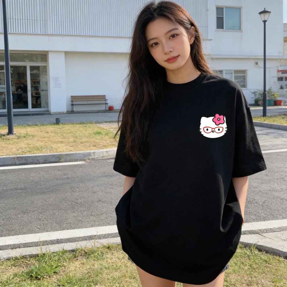 Летние футболки с принтом Hello Kitty для женщин, короткий рукав, чистый хлопок, семейные matching-наряды, классическая универсальная футболка, 2026