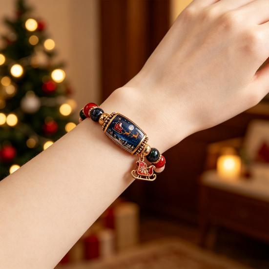 Metal Pendant Bracelets Christmas Story Beaded Bracelet, Bracelet with Santa Reindeer Snowman House Candy Comfortable Elastic Cane Tree Pattern,
