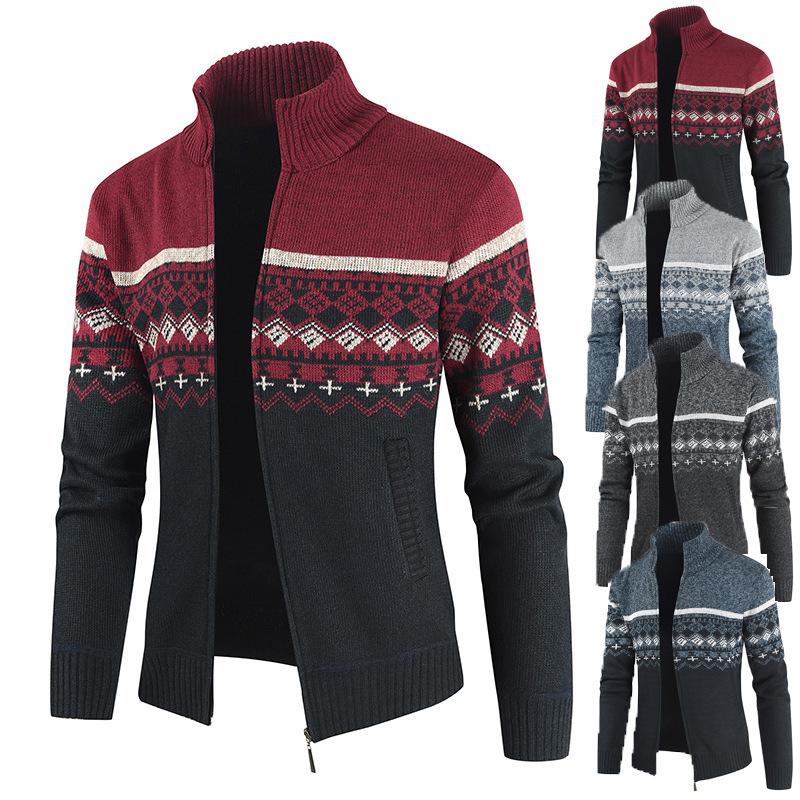 Autumn and Winter New Sweater Men's Stand-up Collar Color Matching Knitted Cardigan Casual Men's Sweater