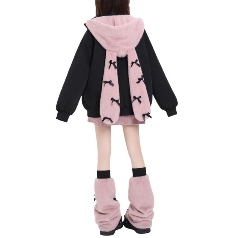 Womens Bow Bunny Ear Hooded Padded Coat Loose Fit Winter Warm Outerwear