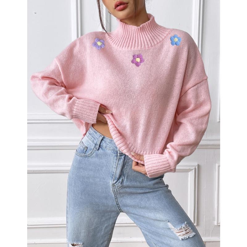 Женский короткий свитер с цветочным узором ручной вязки крючком на осень и зиму, повседневный свитер с высоким воротом