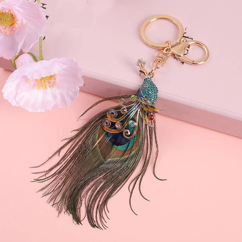 Shiny Rhinestone Peacock Feather Keychain Anti-rust Clasp Fashion Bag Pendant Portable Car Key Decor for Girls