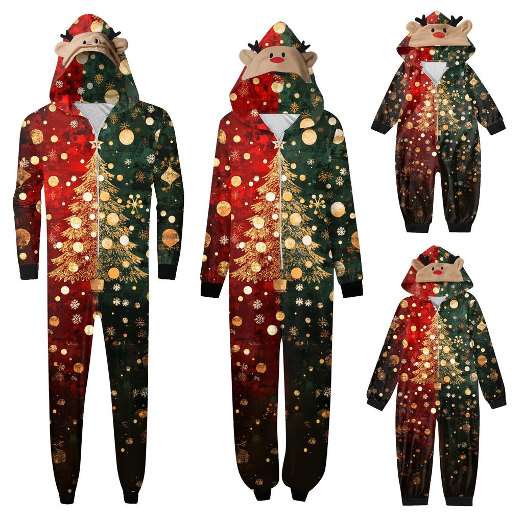 Christmas Print Family Matching Hooded Long Sleeved Zippered Jumpsuit Set