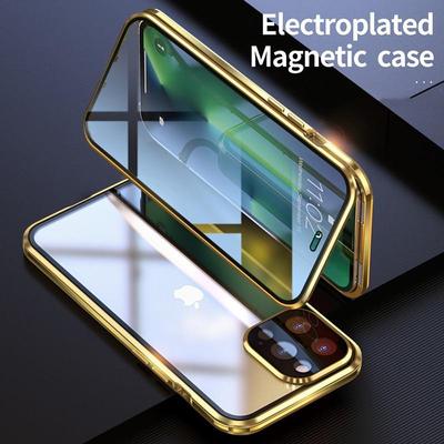 360 металлический магнитный адсорбционный чехол для iPhone 16 15 14 13 12 11 Pro Max Plus двухсторонний стеклянный чехол с пряжкой для полной защиты объектива камеры