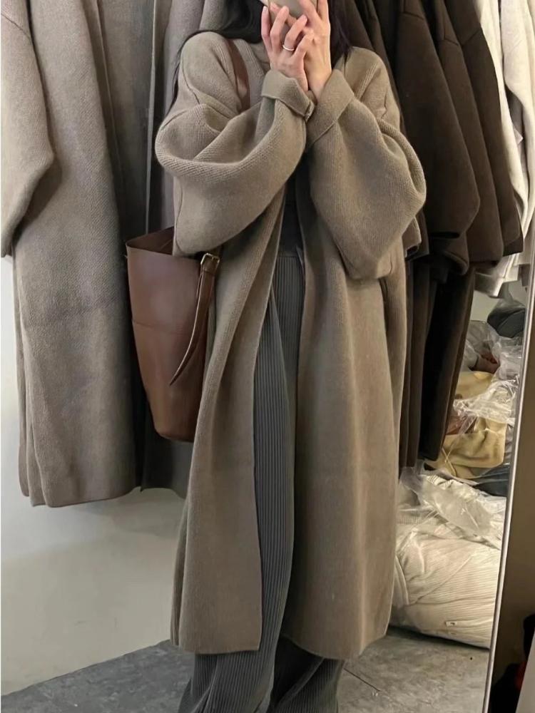 Ladies' Autumn and Winter Lazy Style Soft and Sticky Design Sense Solid Color Retro Long Sweater Jacket Knitted Cardigan Coat for Women