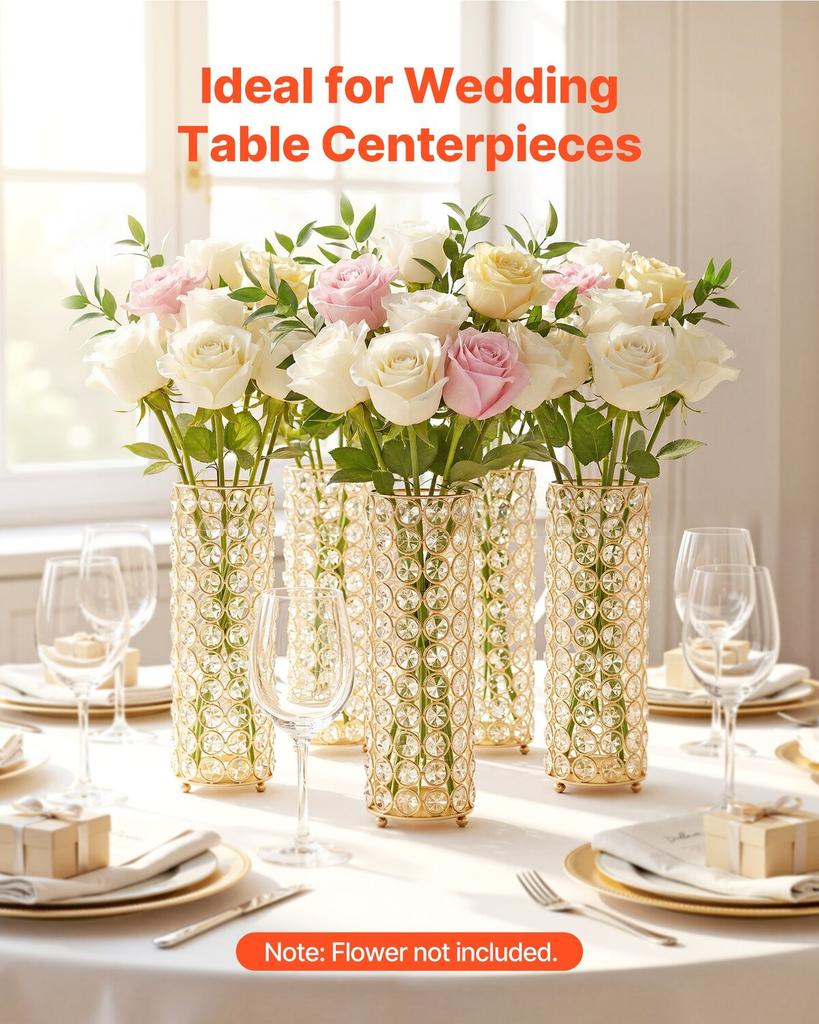 16 PCS Crystal Wedding Flower Vase, 26 cm Tall Flower Table Centerpieces, Crystal Cylinder Banquet Vases Easy Installation, Versatile Arrangement
