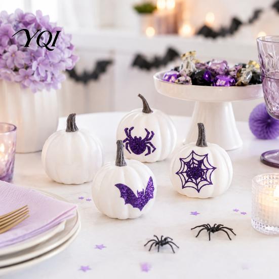 Small Decorative Pumpkins Halloween Foam Pumpkin Decoration, Purple Glitter Spider Web White Decorations Decor, Mini Artificial for Holiday Party