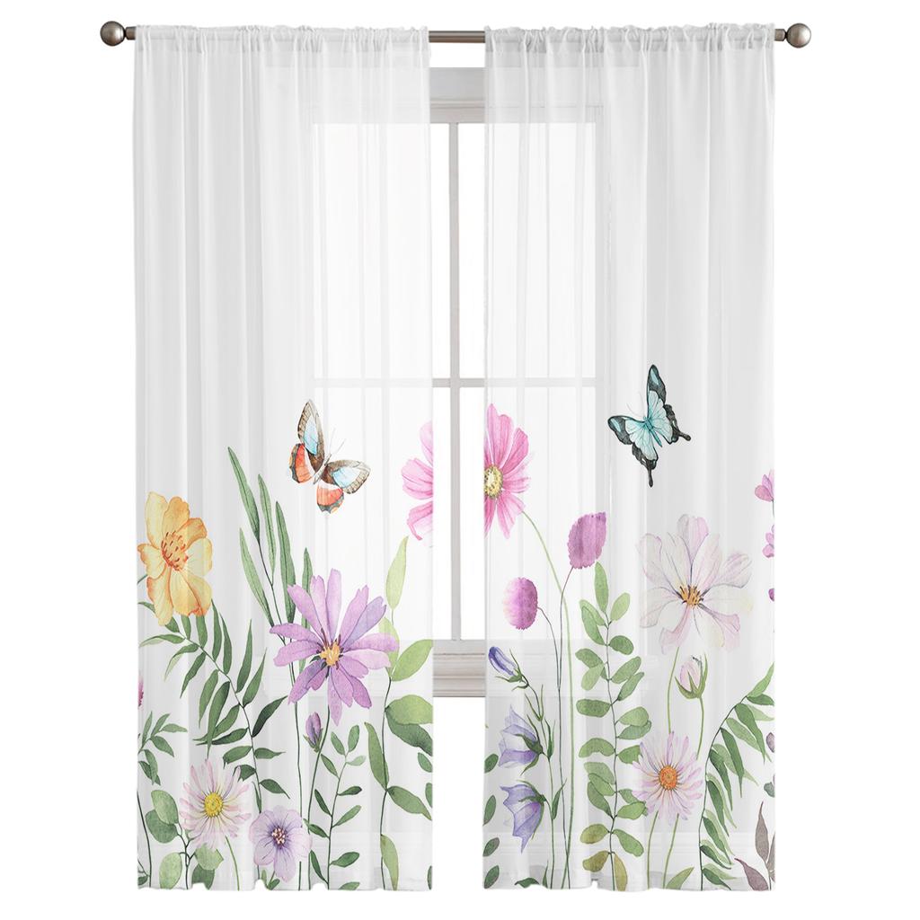 Spring Flower Butterfly Sheer Curtains For Living Room Bedroom Home Decor Kitchen Tulle For Windows Voile Drapes