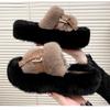 Flock Shoes Woman Fashion Designer Buckle Band Fur Slippers Cozy Mink Fur Slides Homen Shoes Open Toe Platform Furry Pantuflas